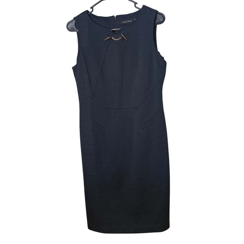 Ivanka Trump Navy Blue Sleeveless Sheath Dress Gold Chain Detail Size 8
